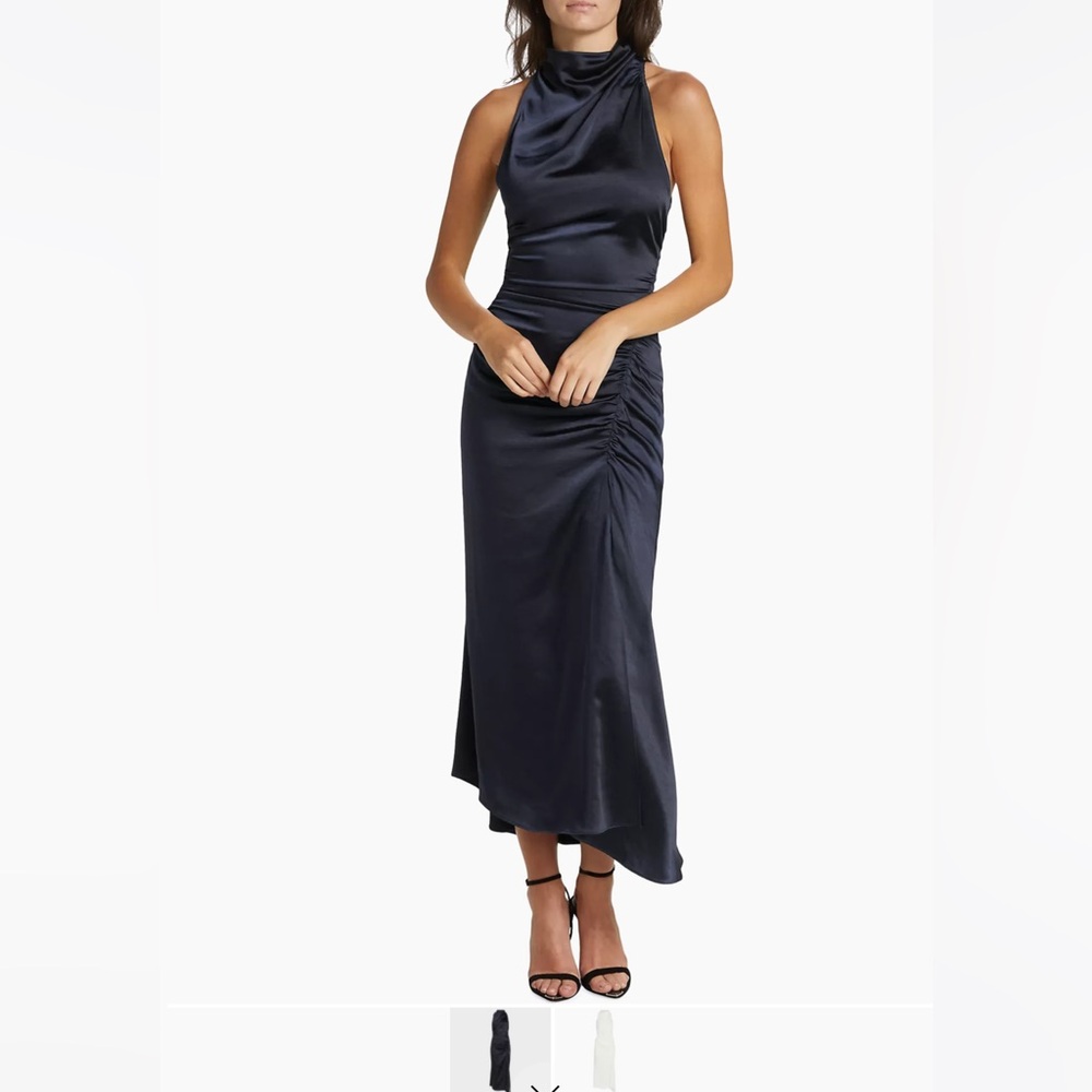 NEW A.L.C. Inez Black Satin Sleeveless Ruched Side Slit Midi Halter Dress Size 8